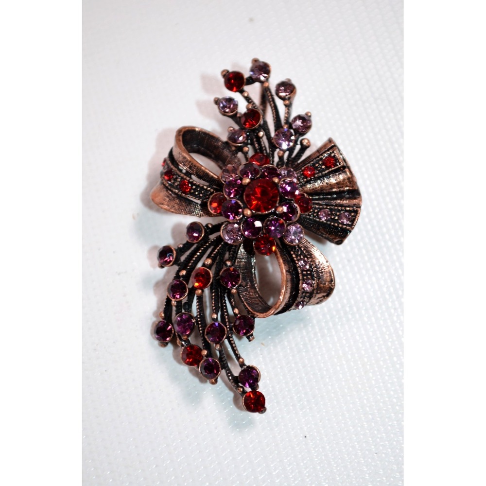 Vintage Gold Toned Brooch / Pin / Pendant w/ Red & Pink Rhinestones 1.5" x 2.5"